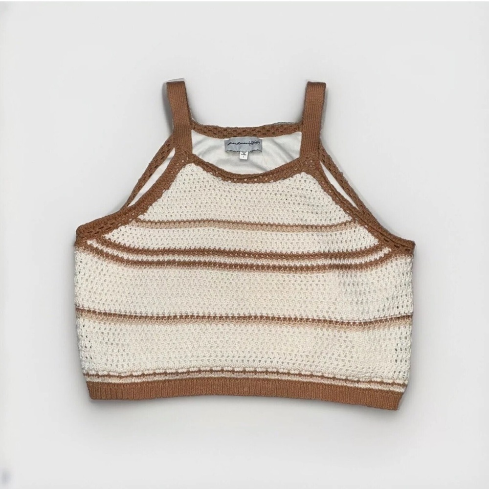 Freshman 1996 Cream Brown Knit Crochet Boho Knit Cropped halter Tank Top Large